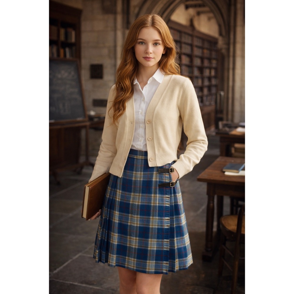 Browns of Bermuda Vintage Wool Plaid Kilt Skirt Blue Yellow Tartan Pleated 14